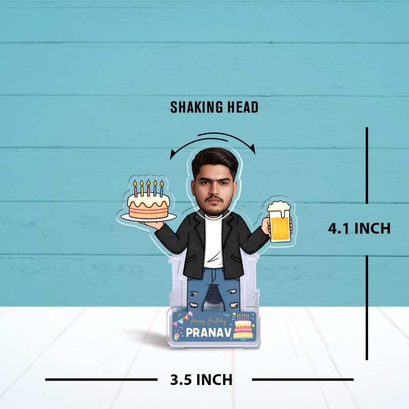 Personalized Birthday Boy Caricature with Shaking Head Feature, Customized Funny Face Photo Cutout with Cake and Beer Design, Birthday Gift for Brother, Friends, Husband Solar Powered